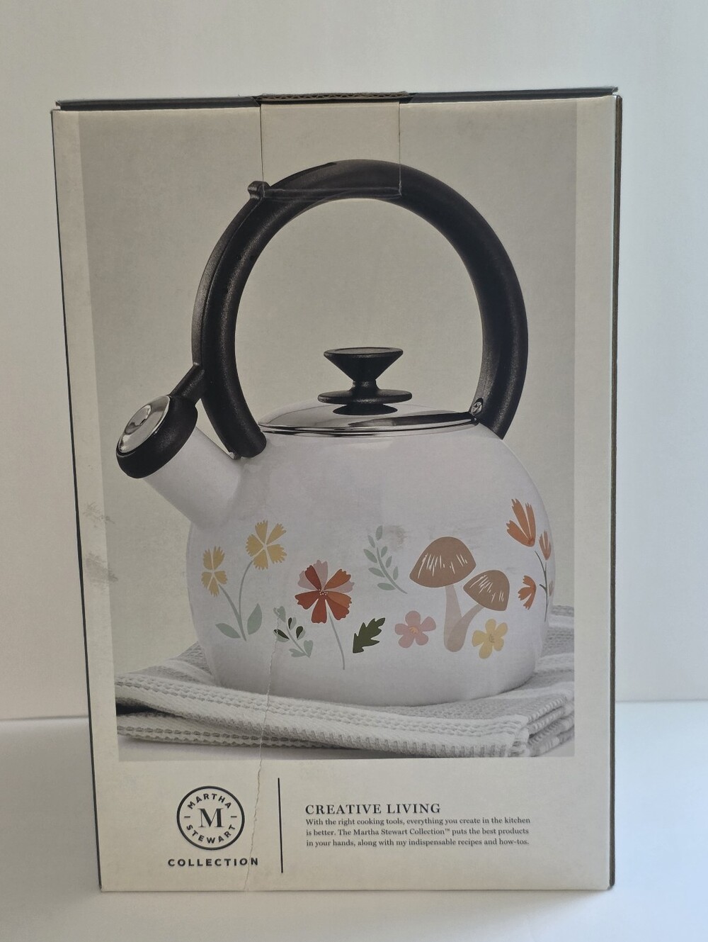 Martha Stewart White Tea Kettle with Black Handle and Floral Mushroom Accents - Picture 2 of 7